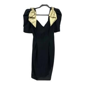 Vintage Late Edition Gown Dress Size 6 Black w/ Gold Shoulder Bows Deep V-Neck